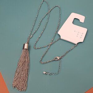 a new day, NWT extra long silver tone tassel fashion necklace